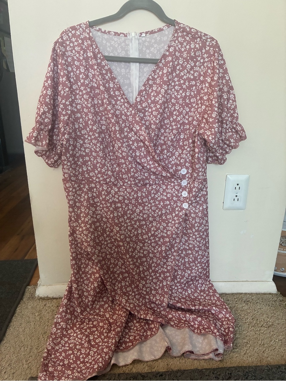 Mauve Floral Wrap-Style Midi Dress